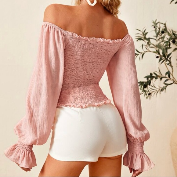 SHEIN Women’s Flounce Sleeve Off Shoulder Frill Trim Drawstring Top | L - Picture 9 of 9
